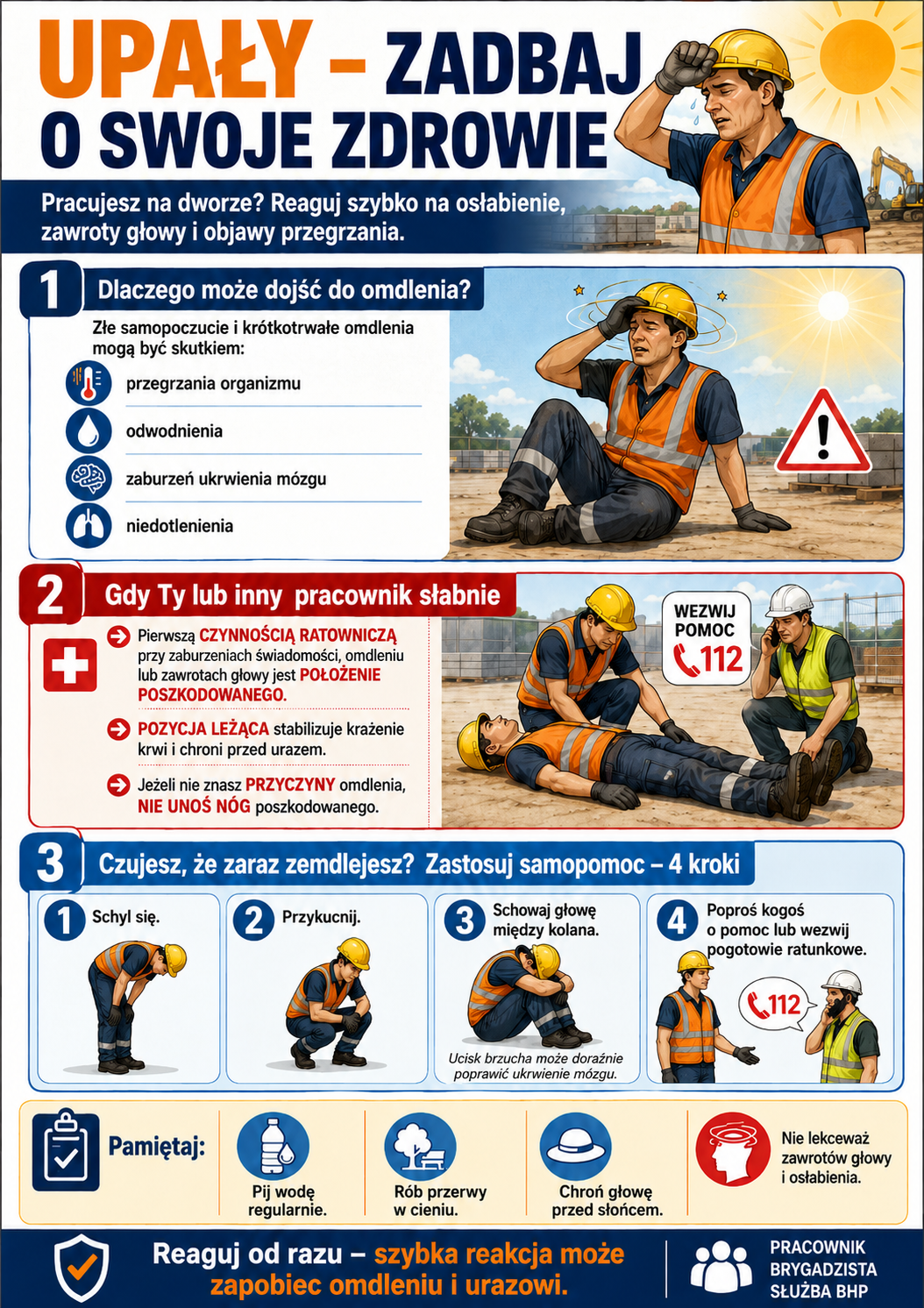 infografika BHP, upały w pracy, praca na dworze, przegrzanie, odwodnienie, omdlenie.
