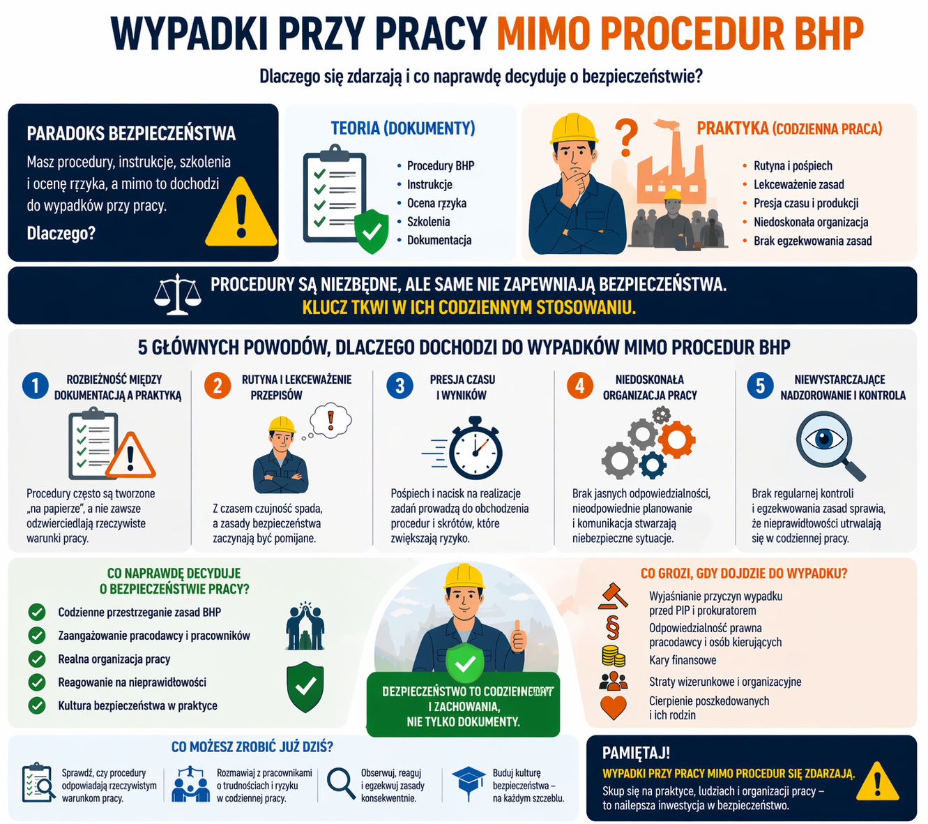 wypadki przy pracy mimo procedur BHP – przyczyny i analiza infografika