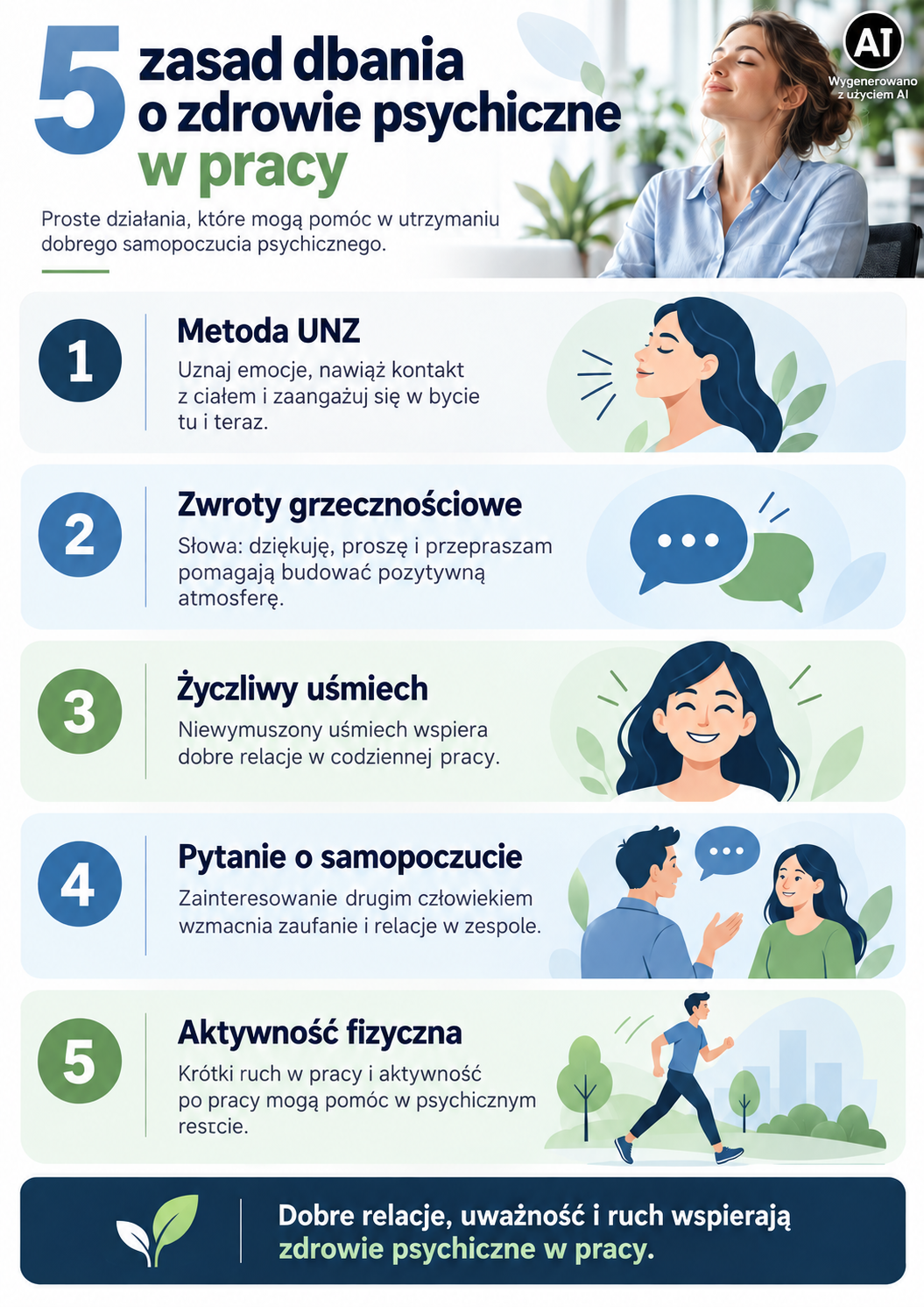 5 zasad dbania o zdrowie psychiczne w pracy – metoda UNZ, dobre relacje i aktywność fizyczna